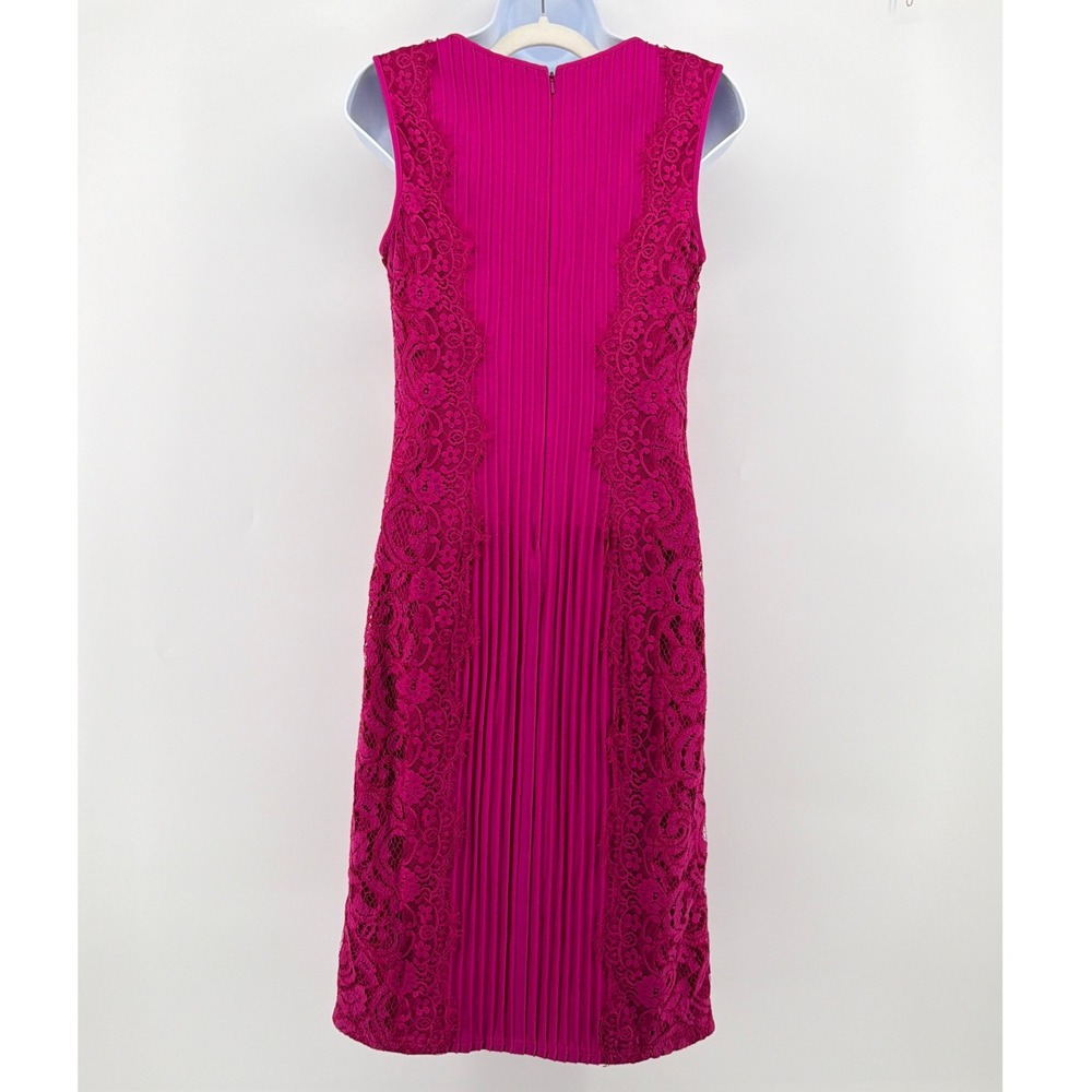 Tadashi Shoji Magenta Pink Pleated Lace Panel Sheath Cocktail Dress Medium M - Picture 5 of 9